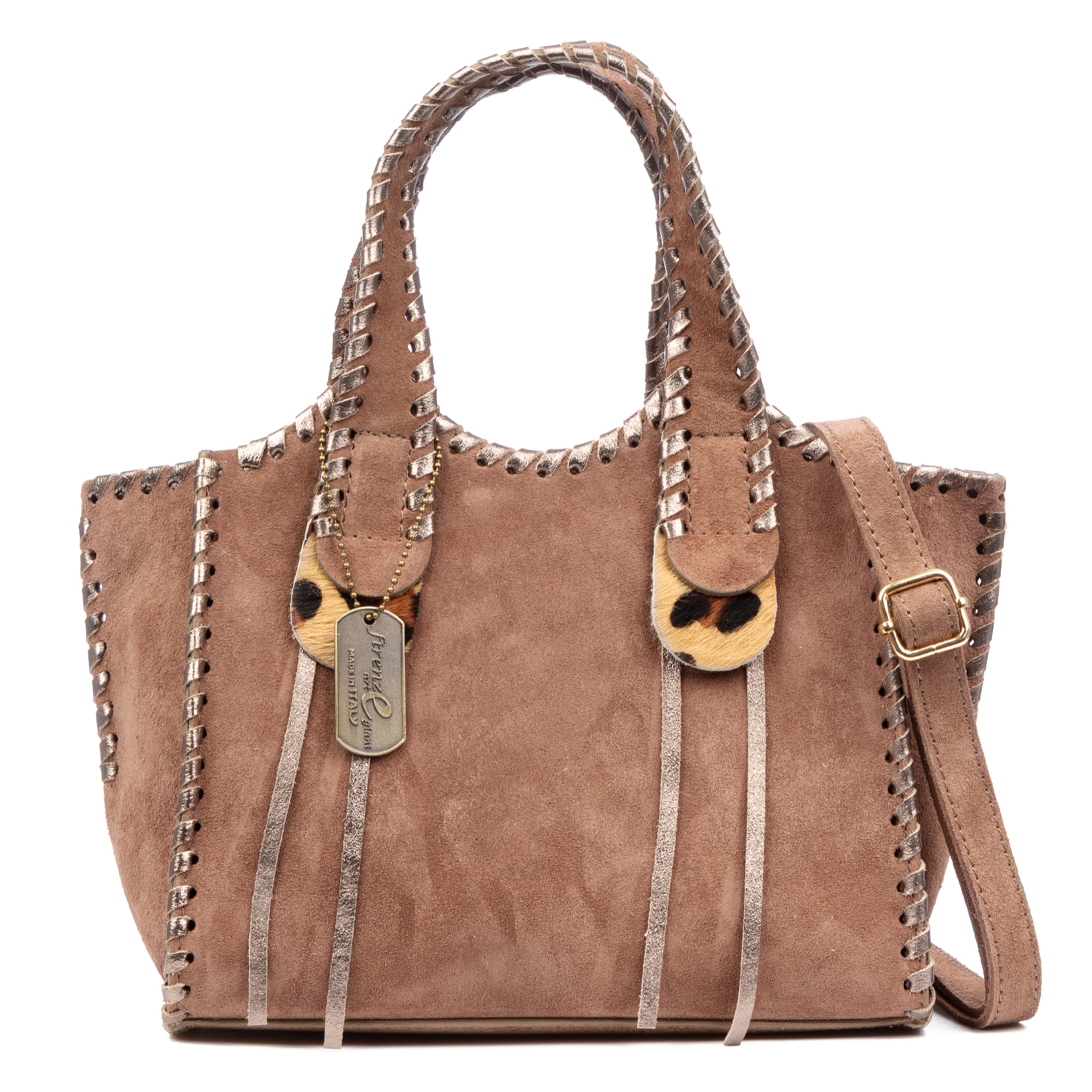 Borsa a mano da donna Avio. Vera pelle scamosciata con cuciture decorative in vera pelle lucida.