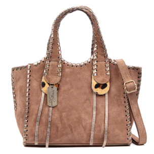 Borsa a mano da donna Avio. Vera pelle scamosciata con cuciture decorative in vera pelle lucida.