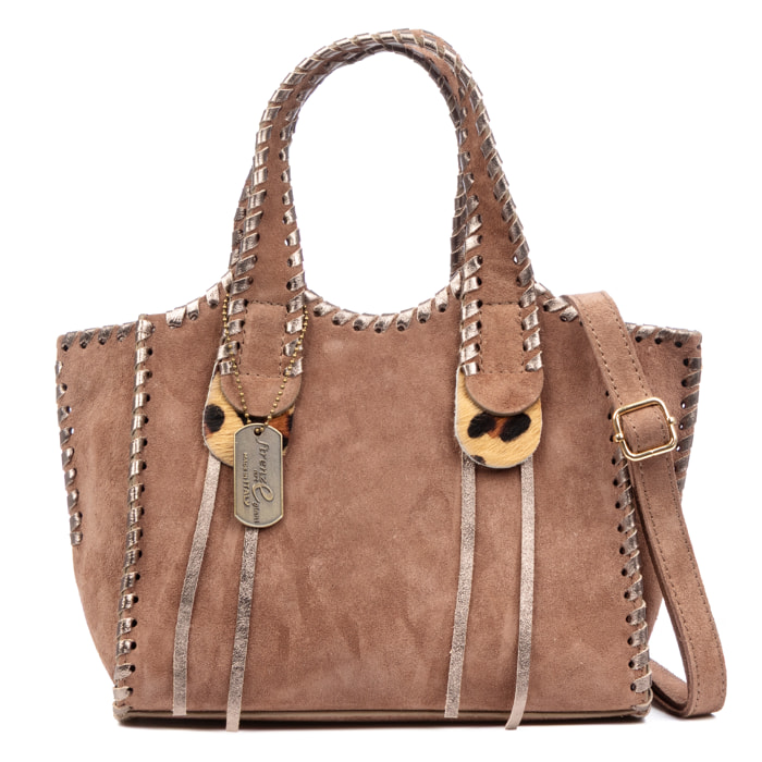 Borsa a mano da donna Avio. Vera pelle scamosciata con cuciture decorative in vera pelle lucida.