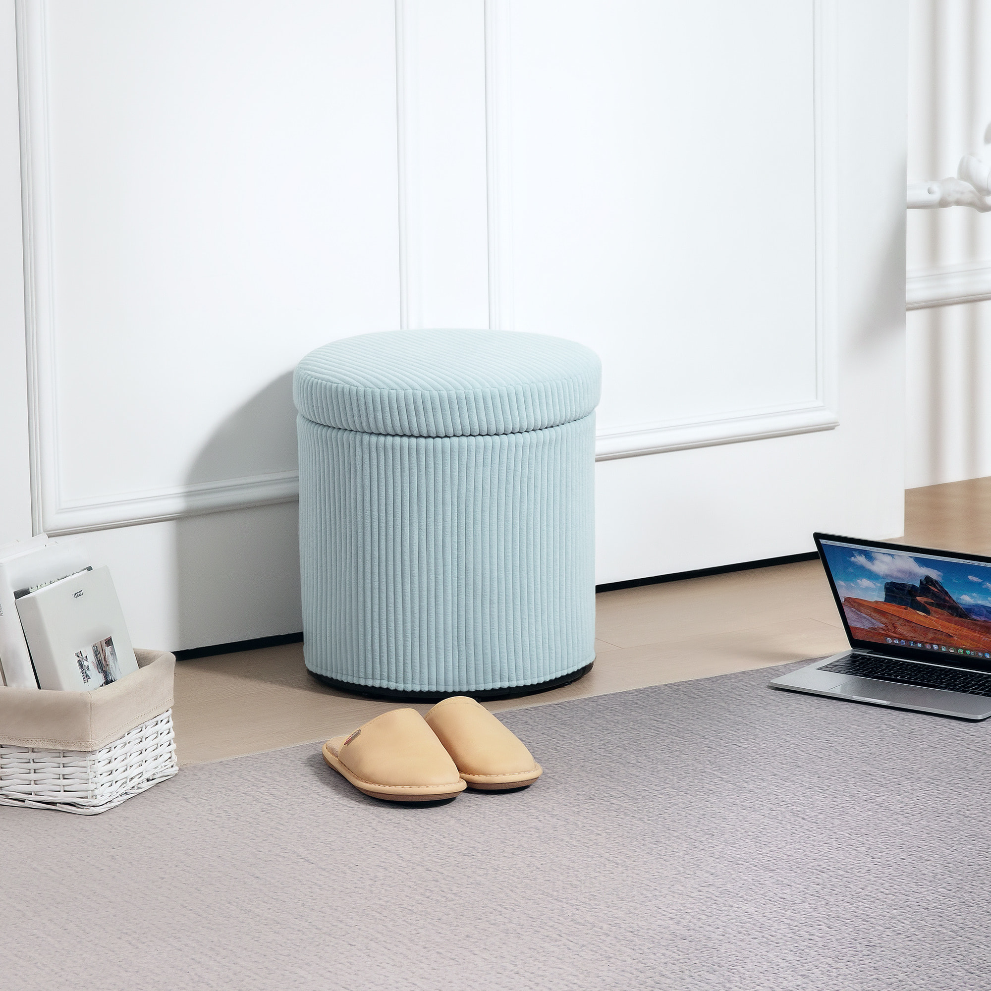 Puff Almacenaje Baúl de Almacenaje Redondo Tapizado en Pana Asiento Acolchado Tapa Extraíble para Pasillo Dormitorio Salón Ø40x41 cm Azul Claro