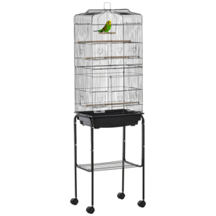 Jaula para Pájaros con Ruedas 46,5x36x157 cm Jaula Metálica de Aves con Puertas 4 Comederos 3 Perchas Bandeja Extraíble y Estante de Almacenaje para Canarios Periquitos Negro