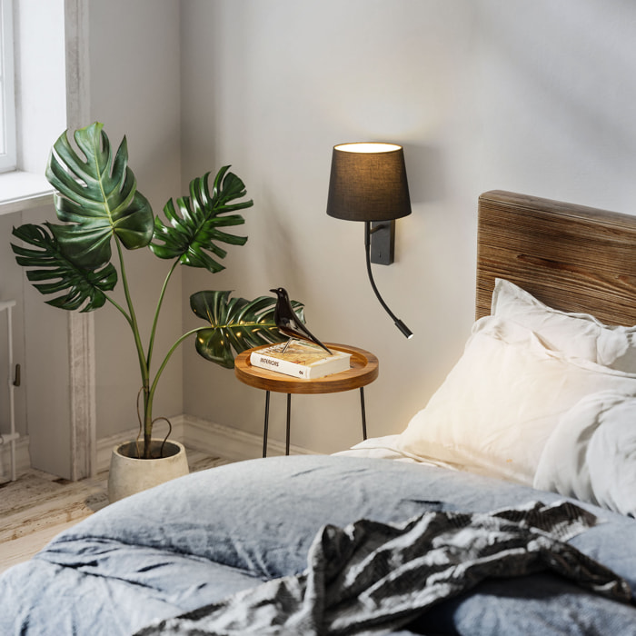 Forlight Janet - Aplique de Pared para Dormitorio E27 Luz de Lectura LED Blanco Cálido 3000K. Aluminio Negro Pantalla de Textil