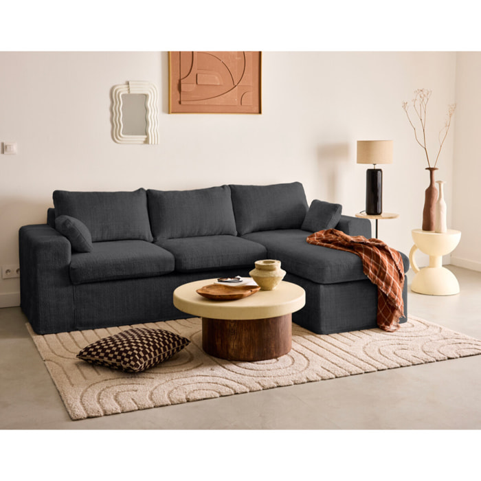 Calgary - canapé d'angle déhoussable et modulable 3 places + 1 pouf en velours texturé - Gris Anthracite