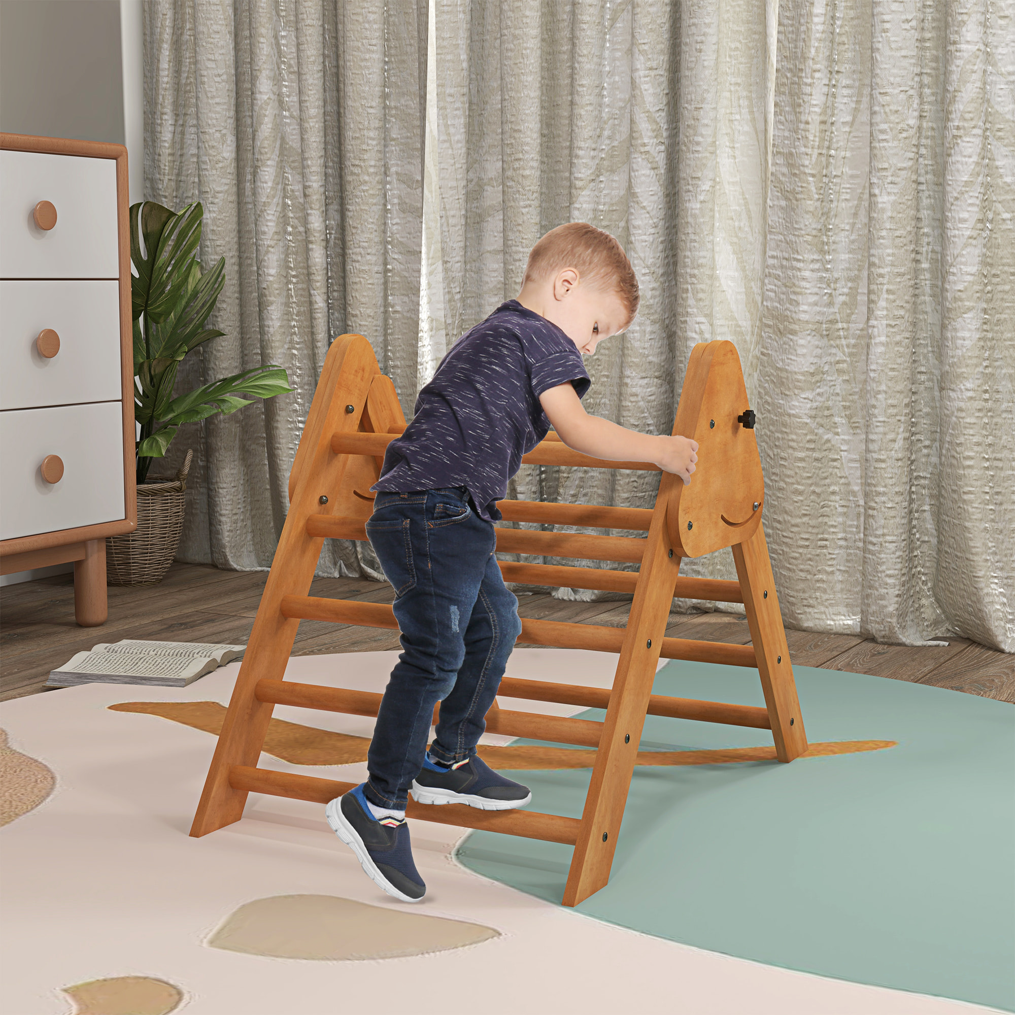 Triángulo Escalada para Niños de +3 Años Triángulo de Aprendizaje Plegable Triángulo de Madera Gimnasio de Juegos Interior Carga 50 kg 90x64x70 cm Marrón