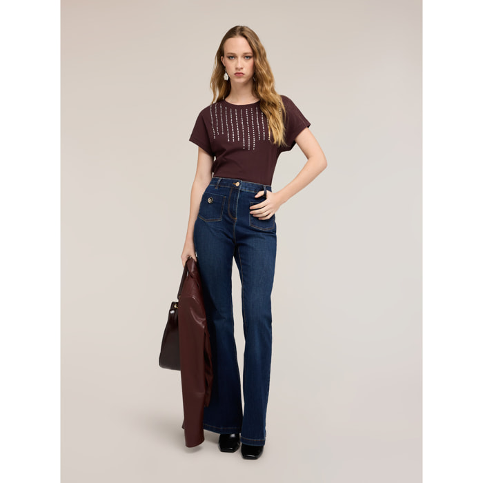 Motivi - T-shirt con applicazioni di strass - Marrone