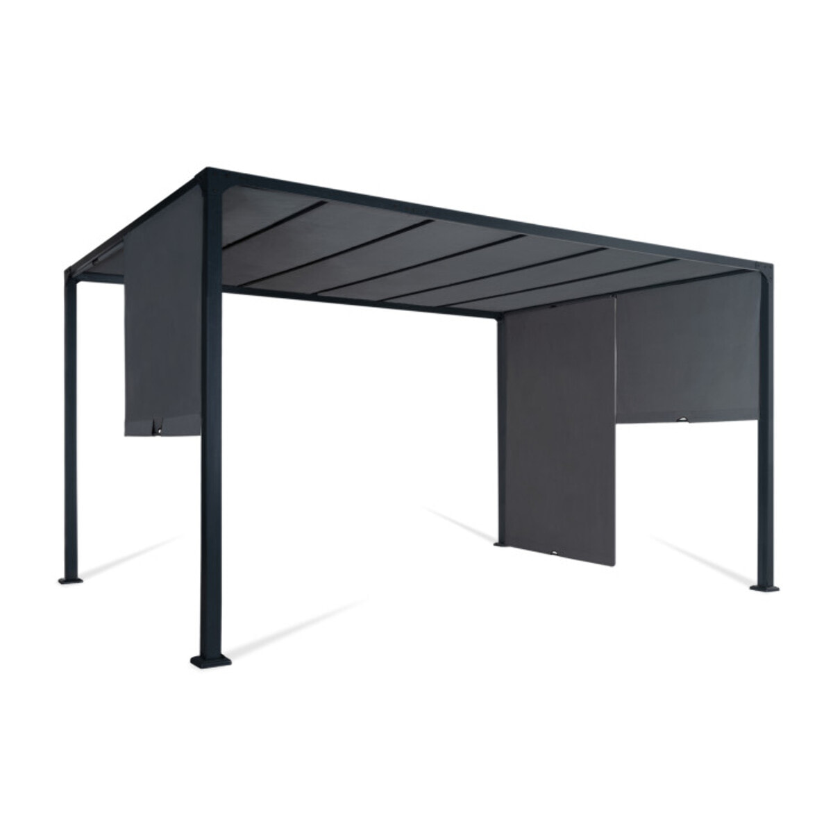 Pergola 3x4m + 2 toiles latérales coulissantes grises
