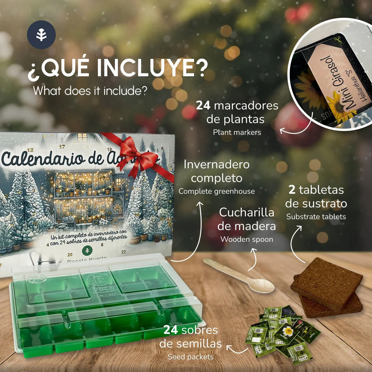 Calendario de Adviento Navideño con semillas y mini invernadero Planeta Huerto