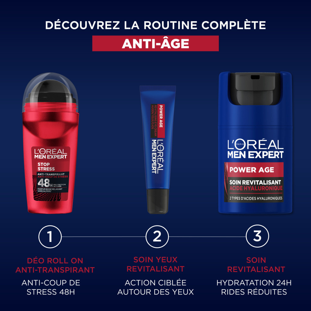 L'Oréal Men Expert - Power Age - Coffret 3 Produits Routine Anti-Age Homme (Soin Hydratant, Soin Yeux, Déodorant Bille)