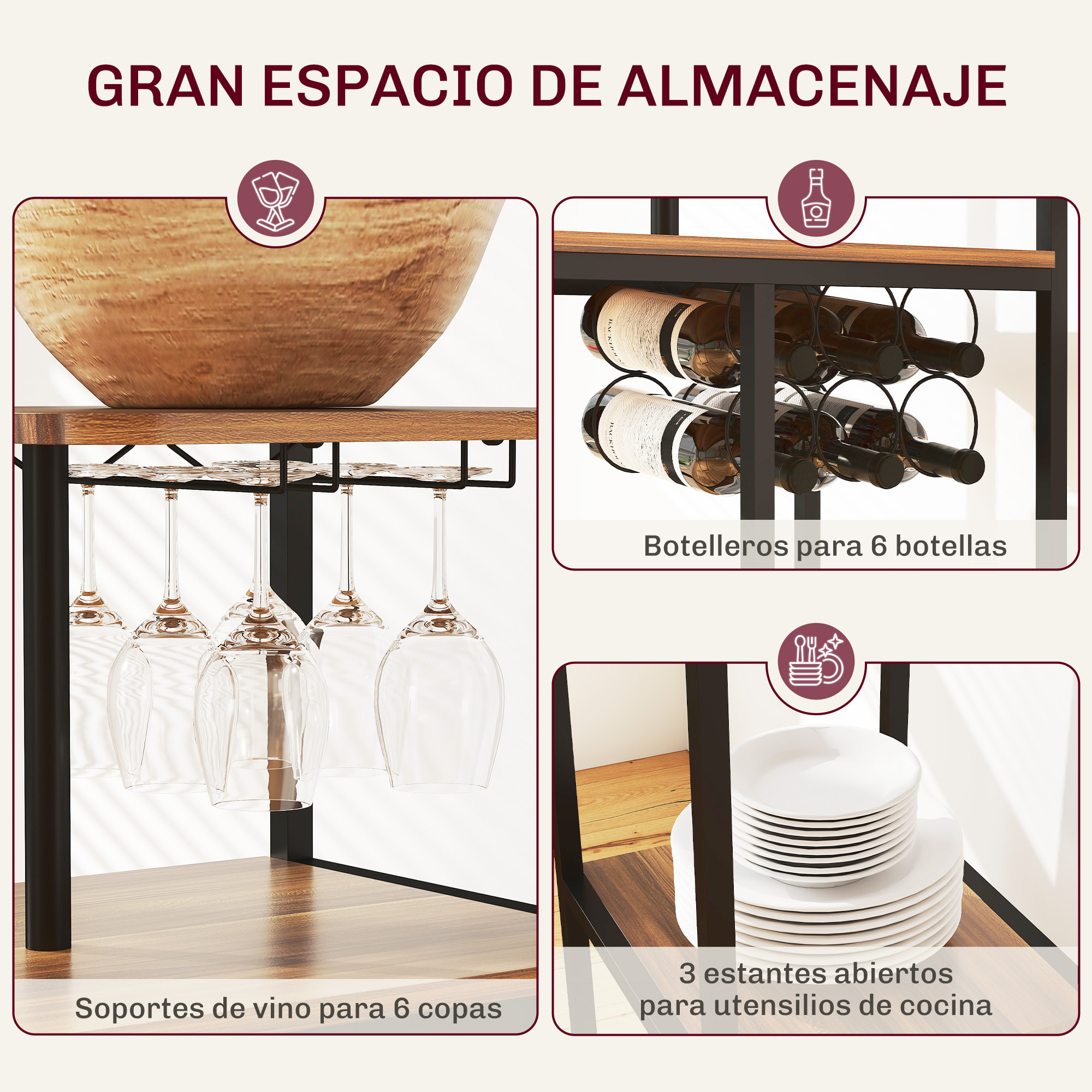 Juego de Mesa y Taburetes de Bar Mesa Alta de Cocina con 2 Taburetes Laterales Abatibles Soporte para Vinos y Estantes Estilo Industrial Marrón y Negro