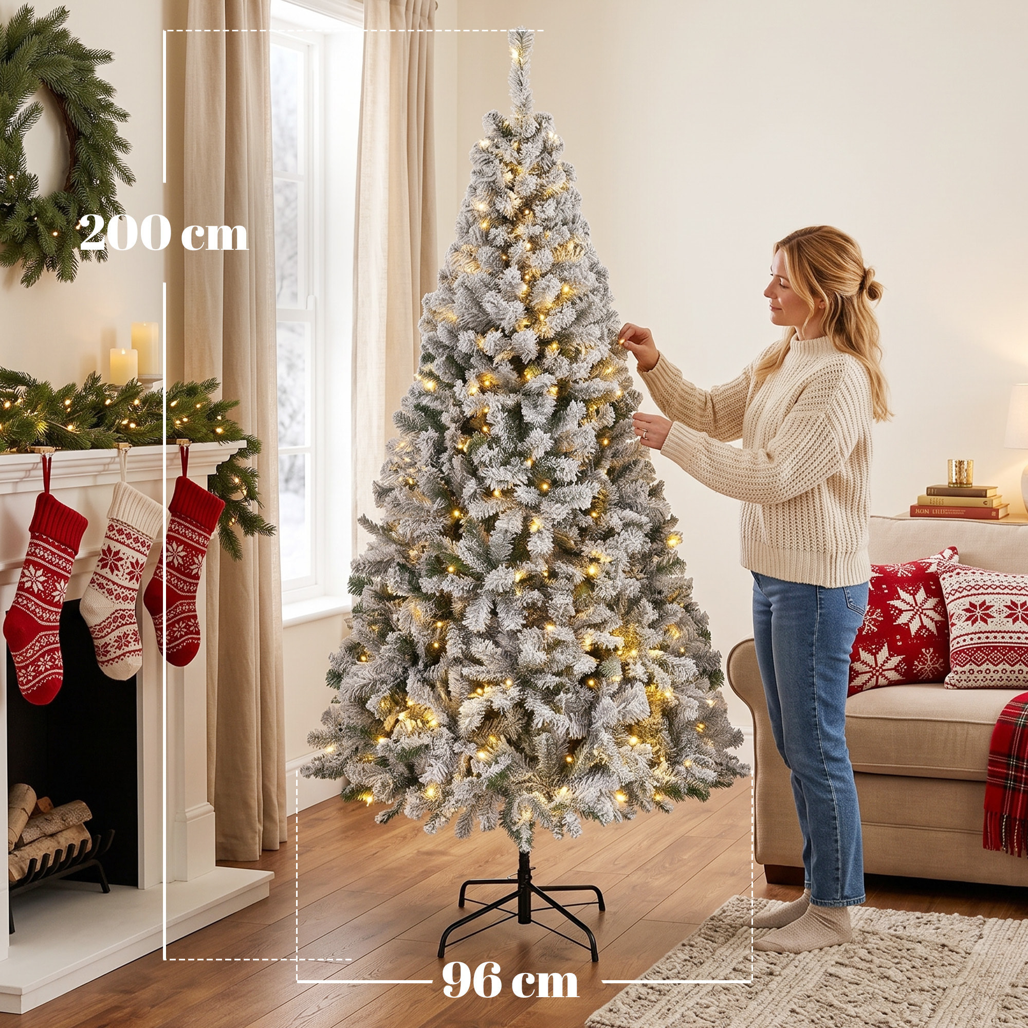 HOMCOM Árbol de Navidad con 240 Luces LED Blanco Cálido, 200 cm, Árbol de Navidad de Abeto Nevado, 850 Ramas Ignífugas Abatibles, Base Metálica Plegable, Verde y Blanco