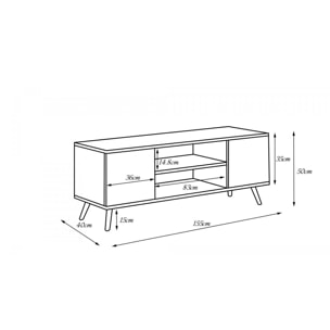 Mobile porta tv con 2 ante e 1 ripiano centrale, Credenza con piedini, Buffet da soggiorno in stile scandi, cm 155x40h50, colore Bianco e Rovere