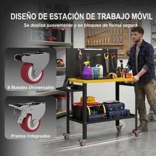 Banco de Trabajo con Panel Perforado y Ruedas, Mesa de Trabajo con Enchufes, USB, Luz LED y Estructura Metálica, Carga 300 kg, Banco para Garaje o Taller, 128x49,5x127,5 cm, Negro y Amarillo