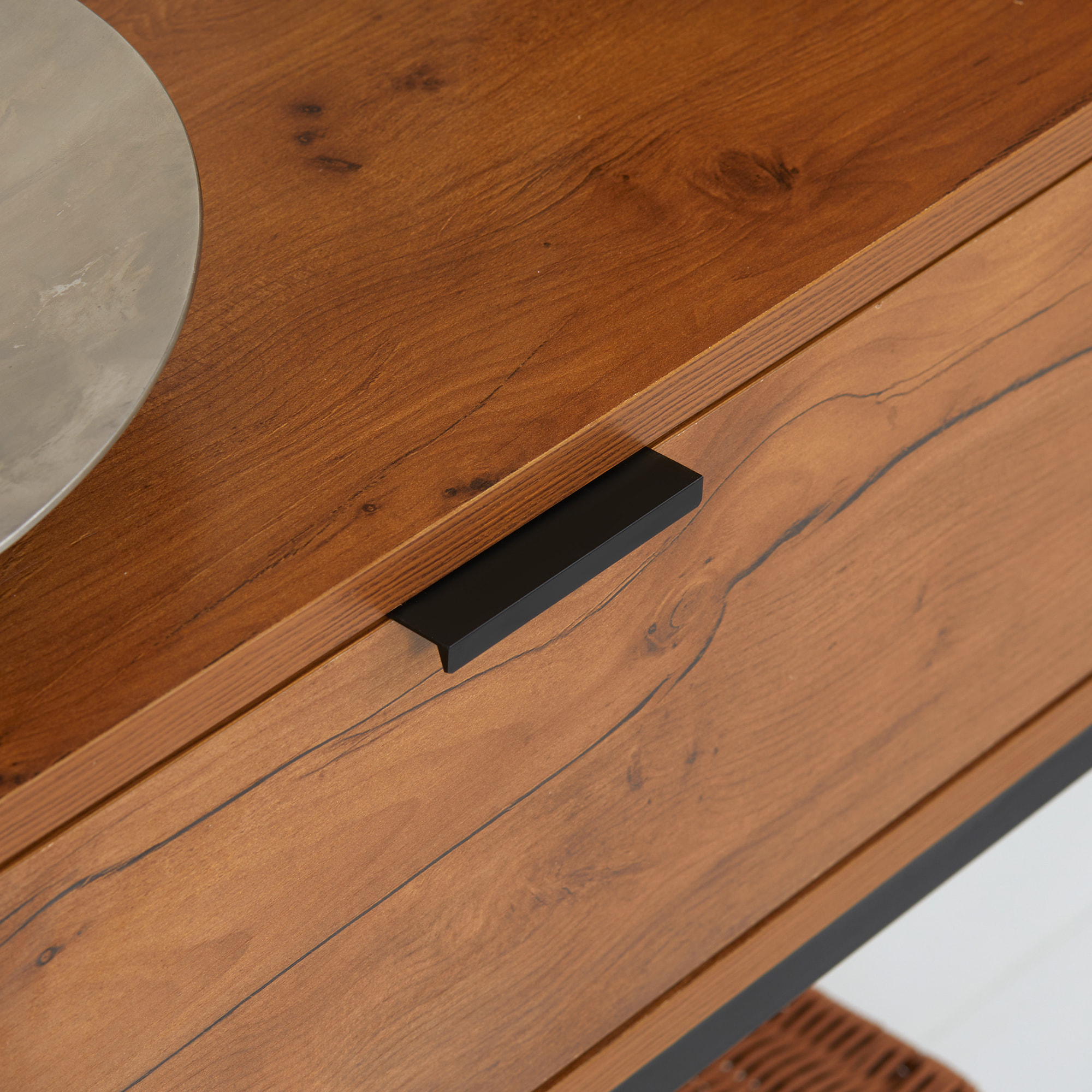 Console design - grand tiroir - dim. 80 x 30 x 76 cm - acier noir effet bois noyer