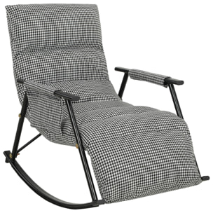 Silla Mecedora con Respaldo y Reposapiés Ajustables, Mecedora Sillón Balancín 105°, Tapizada en Lino, con Bolsillo Lateral y Marco de Metal, Carga 120 kg, para Dormitorio, Salón, Negro y Blanco