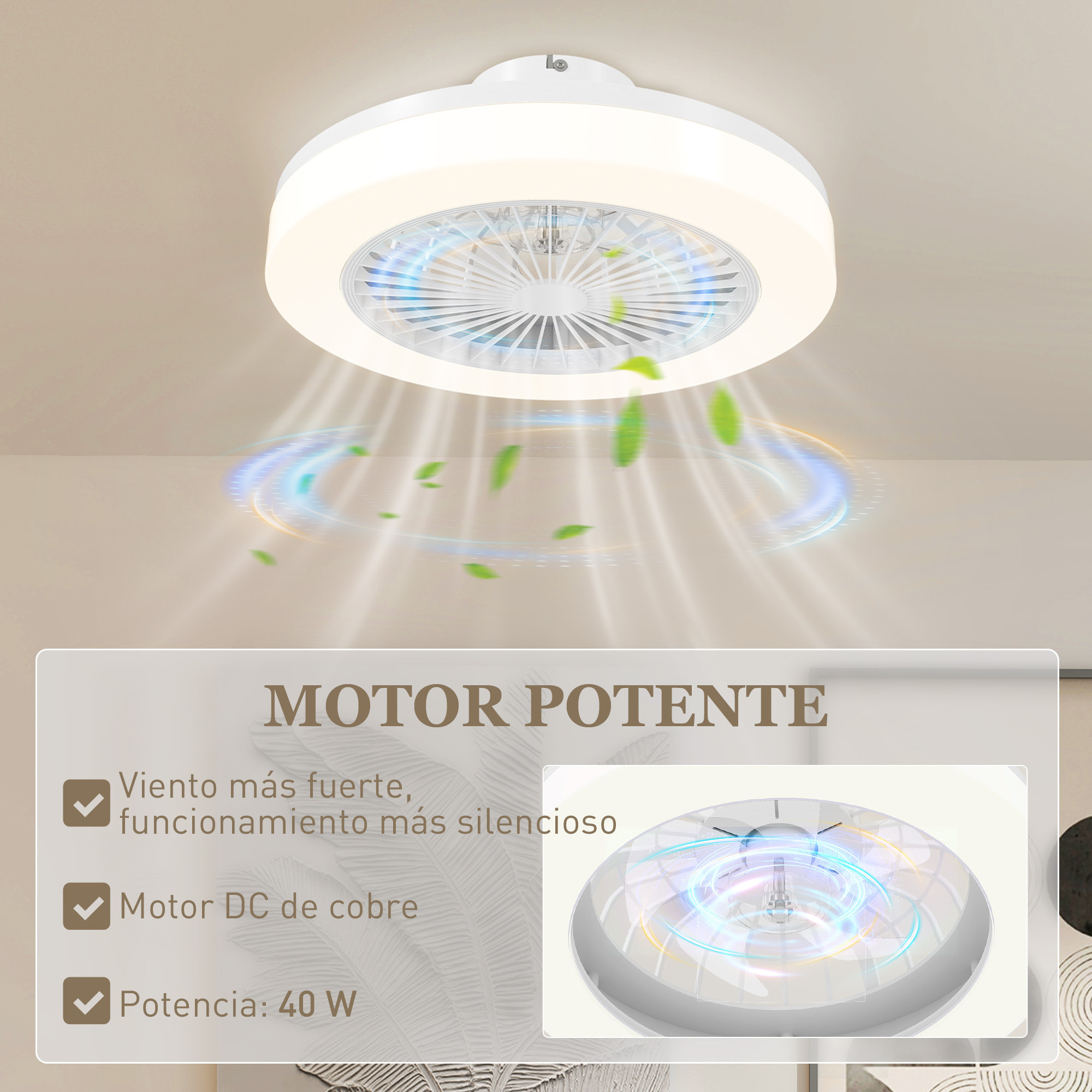 Ventilador de Techo con Luz LED 40 W Motor DC Reversible Lámpara Ventilador Techo Silenciosa con Mando a Distancia 6 Velocidades Temporizador para Salón Dormitorio Ø46 cm Blanco
