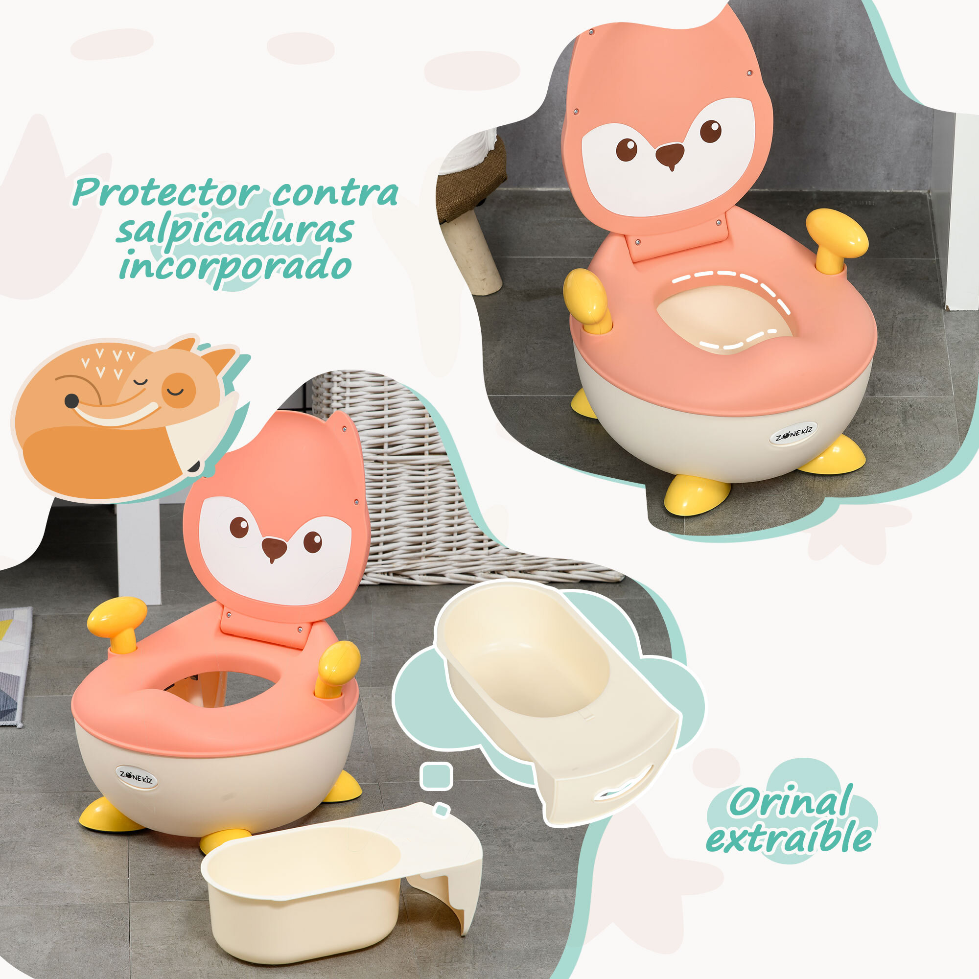 Orinal Infantil WC Aprendizaje Orinal para Bebé de 6-36 Meses en Forma de Zorro con Tapa Prueba de Salpicaduras Asas Estructura Antideslizante 34,5x35x23 cm Rosa