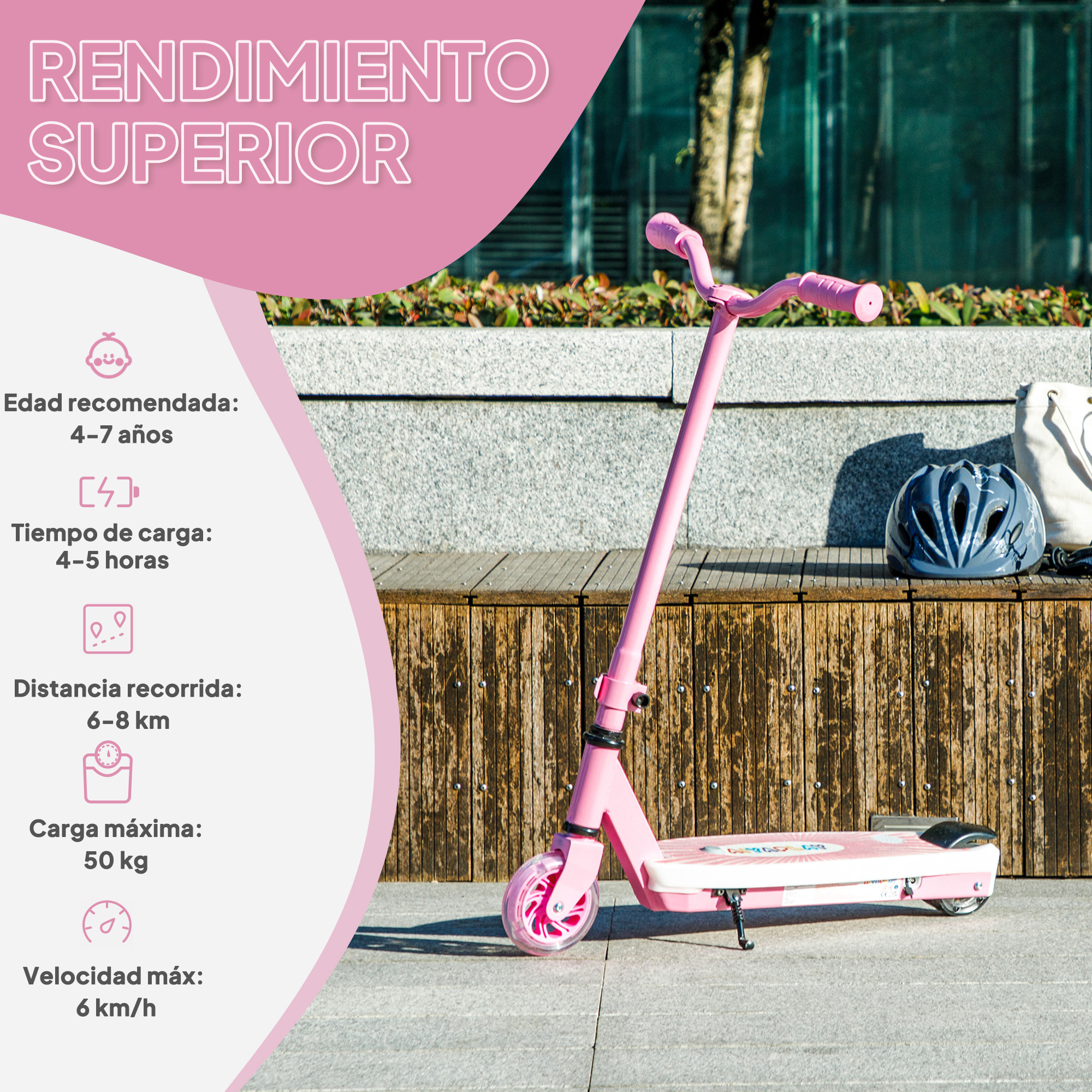 Patinete Eléctrico para Niños de 4-7 Años Patín Eléctrico Max. 6 km/h Motor 80 W Autonomía Máxima 8 km Patinete Eléctrico Infantil con Luces LED Freno Posterior Rosa