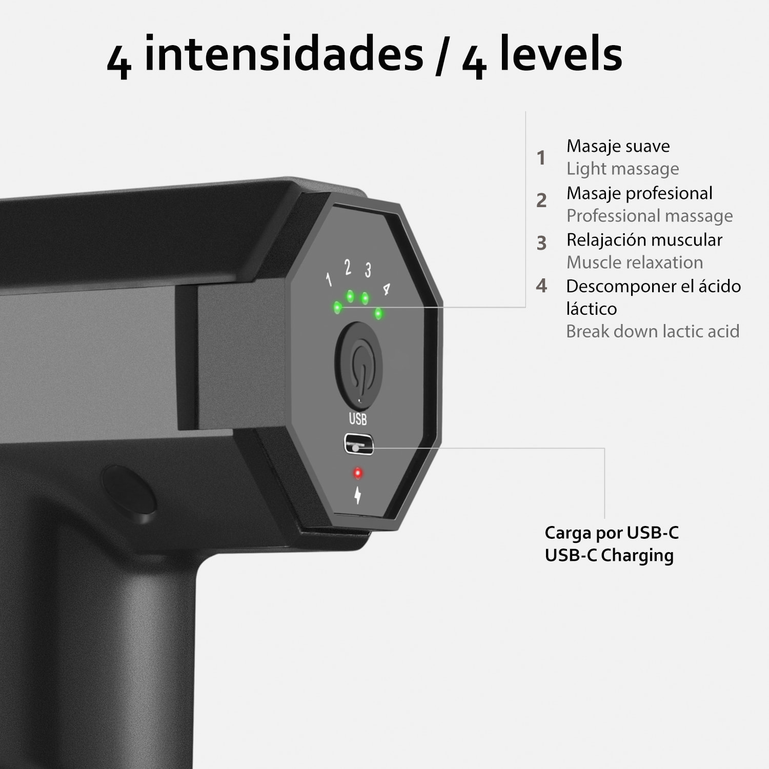 Pistola de masaje muscular Fascia Gun J-27. 4 intensidades, con velocidad de 1800 a 4800 rpm. 4 cabezales.