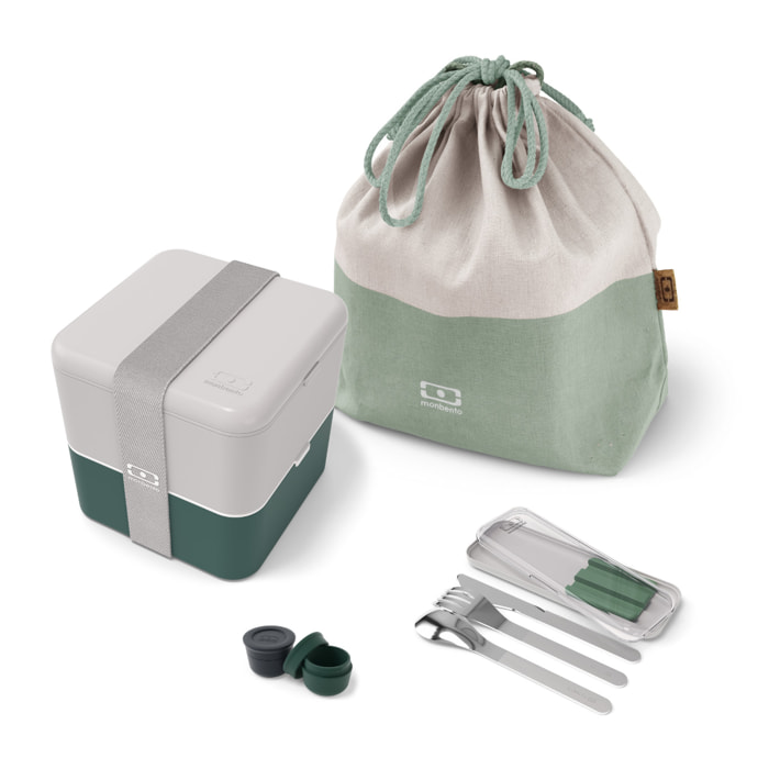 Set repas complet lunch box 2 étages 1,7L gris/vert + accessoires