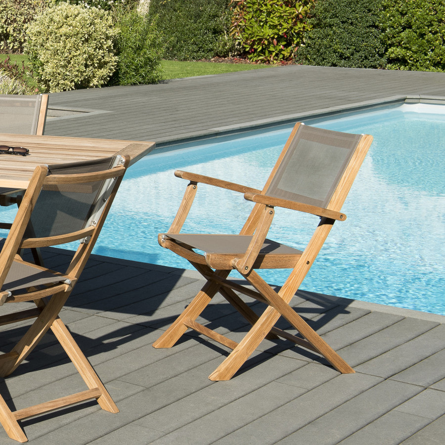 HARRIS - SALON DE JARDIN EN BOIS TECK 10/12 pers - 1 Table rect. extensible - 6 chaises et 2 fauteuils textilène couleur taupe