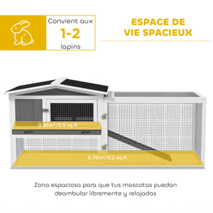Clapier cage à lapins rongeurs 2 étages tiroir déjection enclos extérieur toit ouvrant bois sapin blanc gris