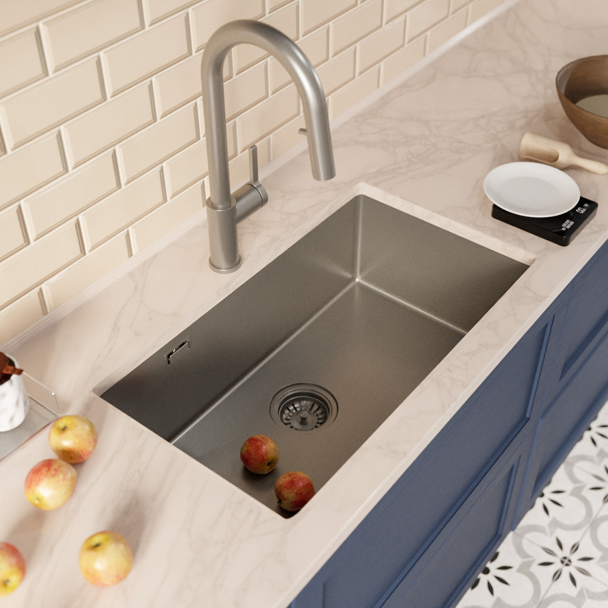 Timeless 68x45x21 cm évier sous plan inox 304 + mitigeur inox avec douchette extractible, gun metal brossé (TMLKSU-6845BGM-M2)