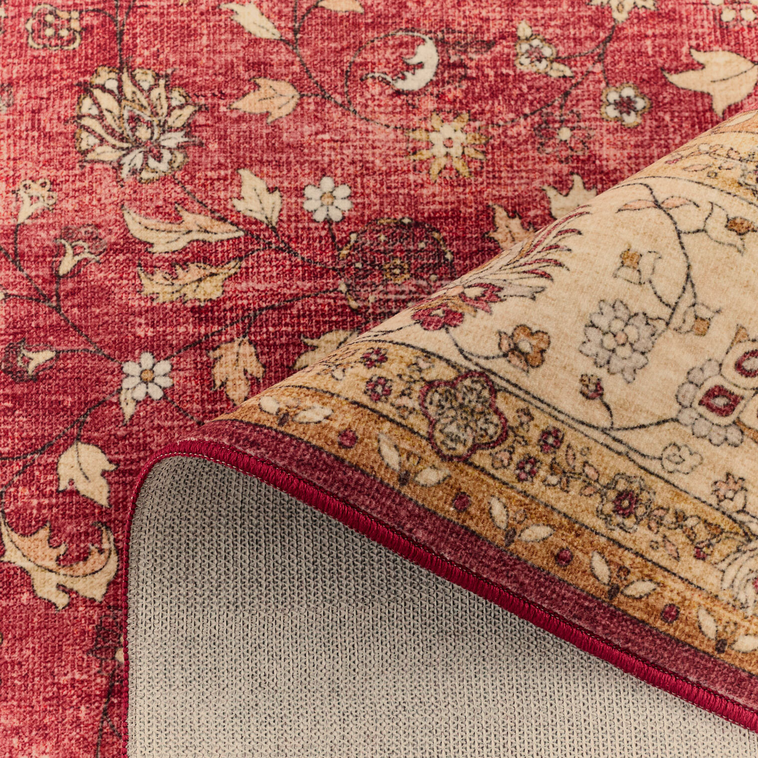 OTTOMAN - Tapis à poils courts doux à motif arabesque rouge