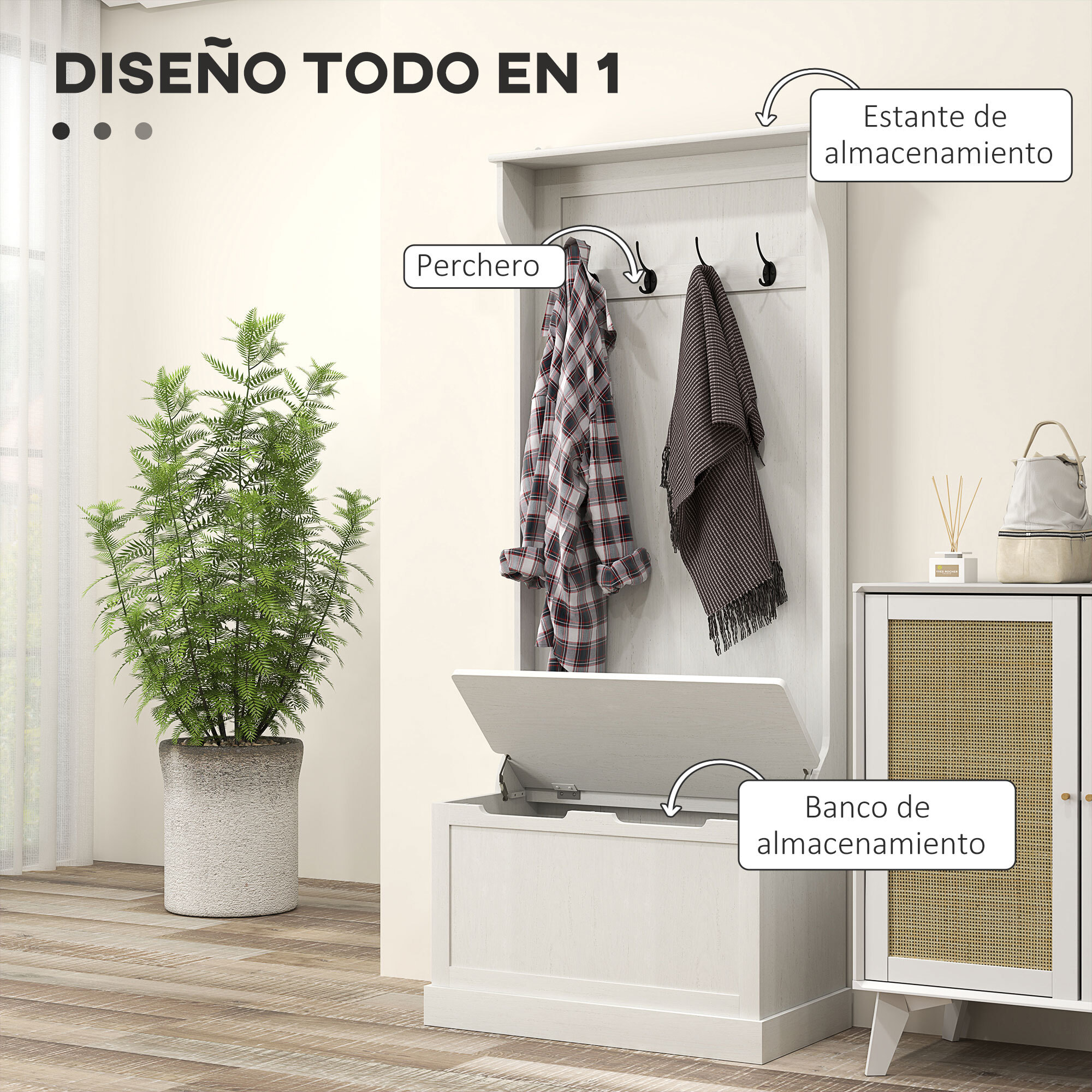 Perchero Zapatero, Perchero Recibidor con Banco de Almacenamiento, 4 Ganchos, para Pasillo, Dormitorio, Salón, Estilo Moderno, 71,5x39,5x170 cm, Blanco