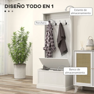 Perchero Zapatero, Perchero Recibidor con Banco de Almacenamiento, 4 Ganchos, para Pasillo, Dormitorio, Salón, Estilo Moderno, 71,5x39,5x170 cm, Blanco
