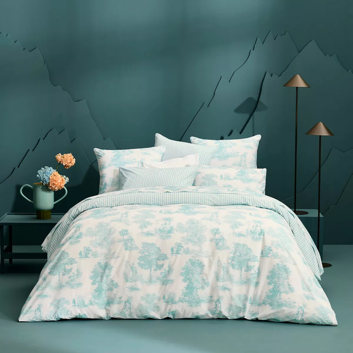 Drap plat percale de coton imprimé bleu Poesie aqua