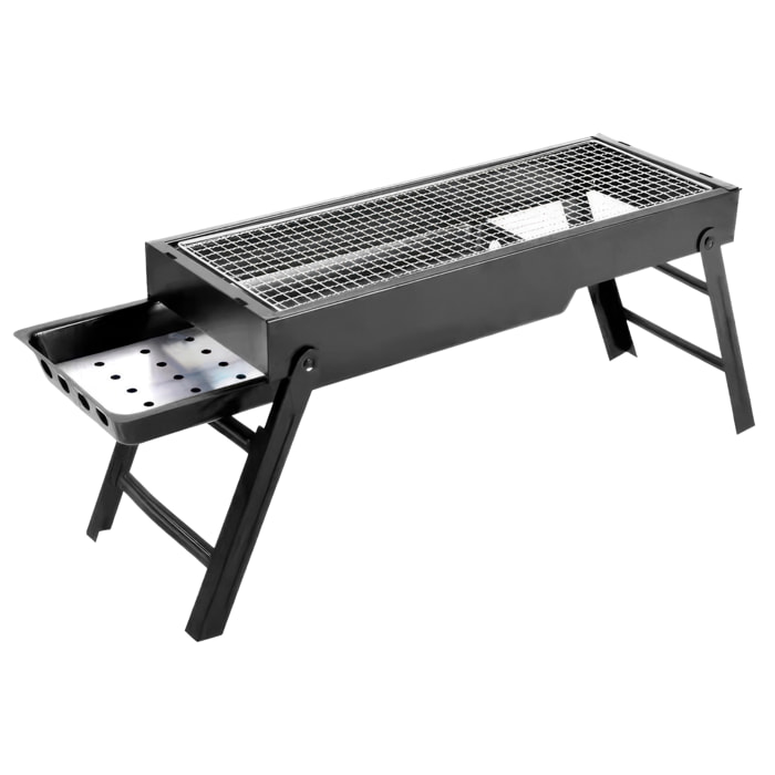Barbecue portatile a carbone YF-60 con design pieghevole, vassoio scorrevole e ventilazione ottimizzata per una cottura uniforme ed efficiente.