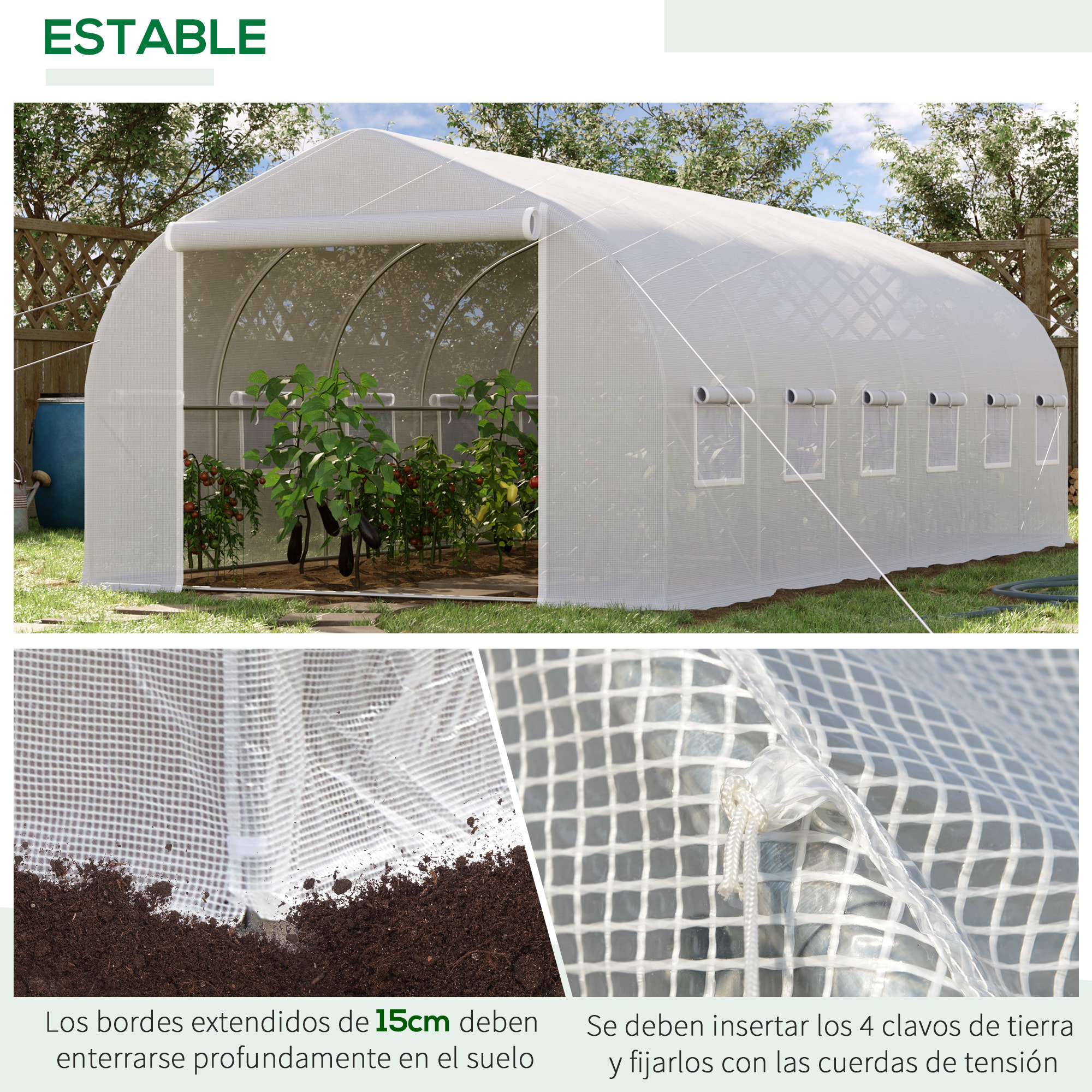 Invernadero de Túnel 595x300x200 cm Invernadero de Jardín Grande con 12 Ventanas y Puerta Enrollable con Cremallera Macro de Metal Resistente para Cultivo Plantas Blanco