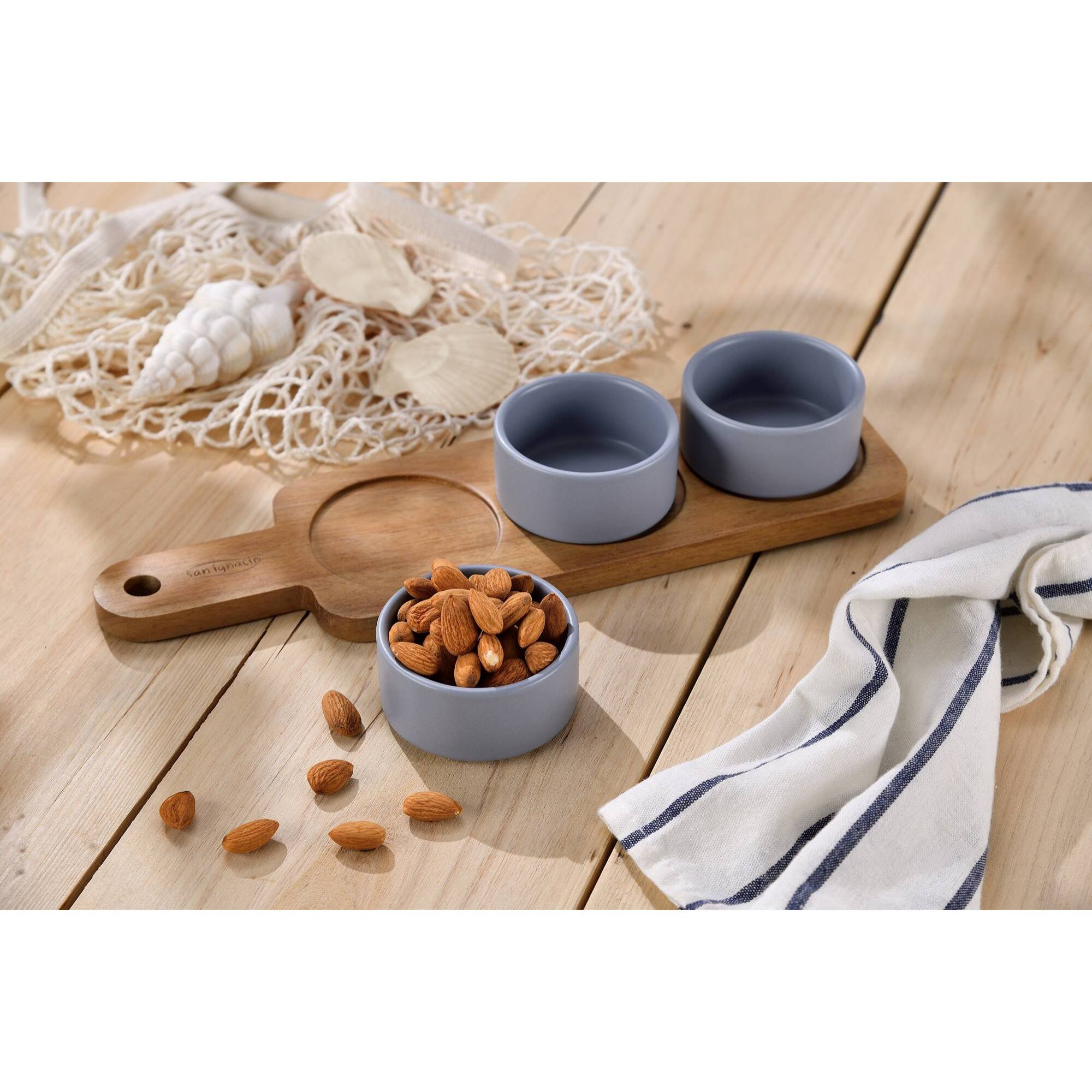 Set de 3 boles para salsa + 1 bandeja de madera san ignacio