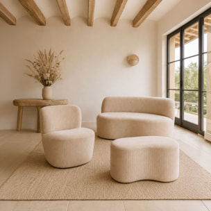 Banc en tissu bouclette beige et structure en bois CÔME