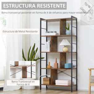 HOMCOM Estantería Librería de 4 Niveles con 8 Compartimentos de Almacenamiento Estilo Industrial para Sala de Estar Oficina Dormitorio 74x30x157,5 cm Marrón Rústico