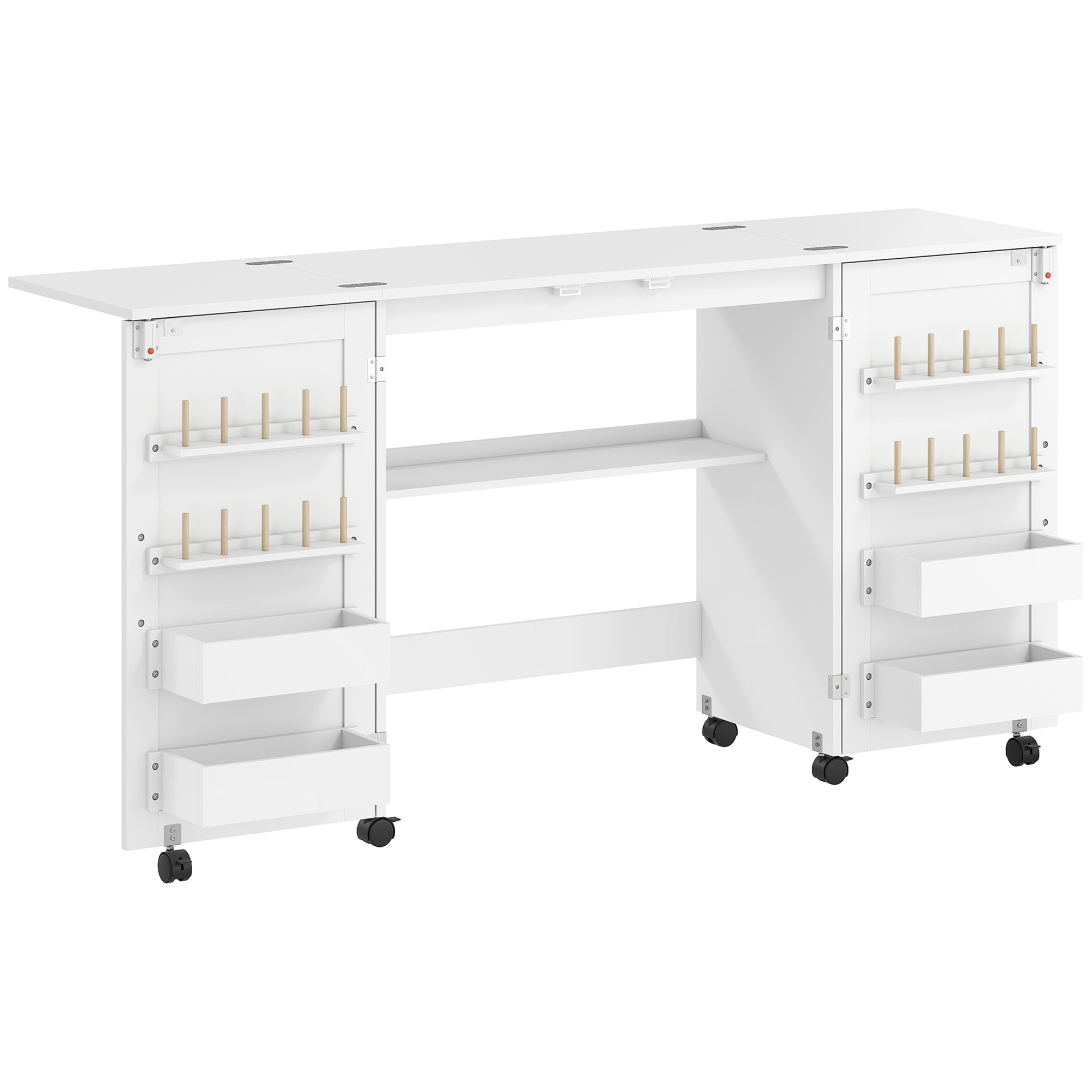 Table de couture pliable sur roulettes - 4 bacs, 20 porte-bobines, étagère - blanc