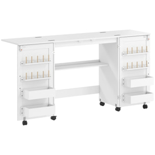 Table de couture pliable sur roulettes - 4 bacs, 20 porte-bobines, étagère - blanc