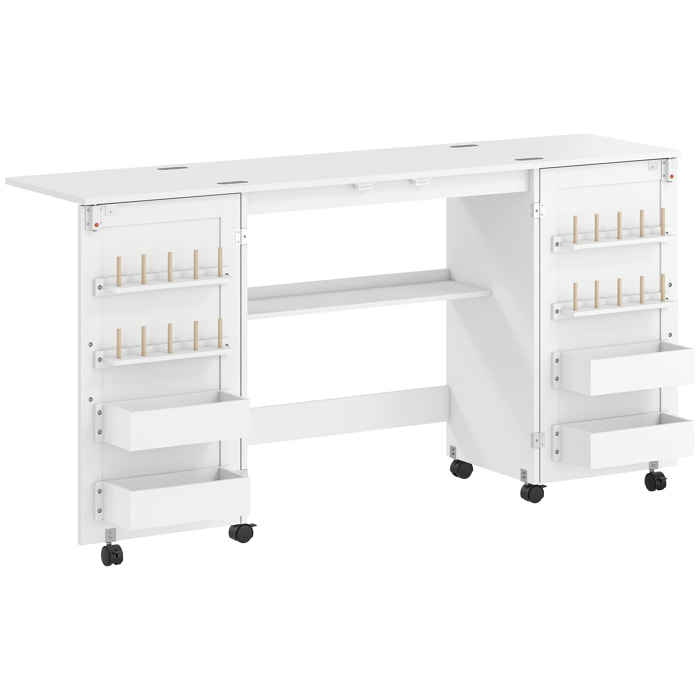 Table de couture pliable sur roulettes - 4 bacs, 20 porte-bobines, étagère - blanc