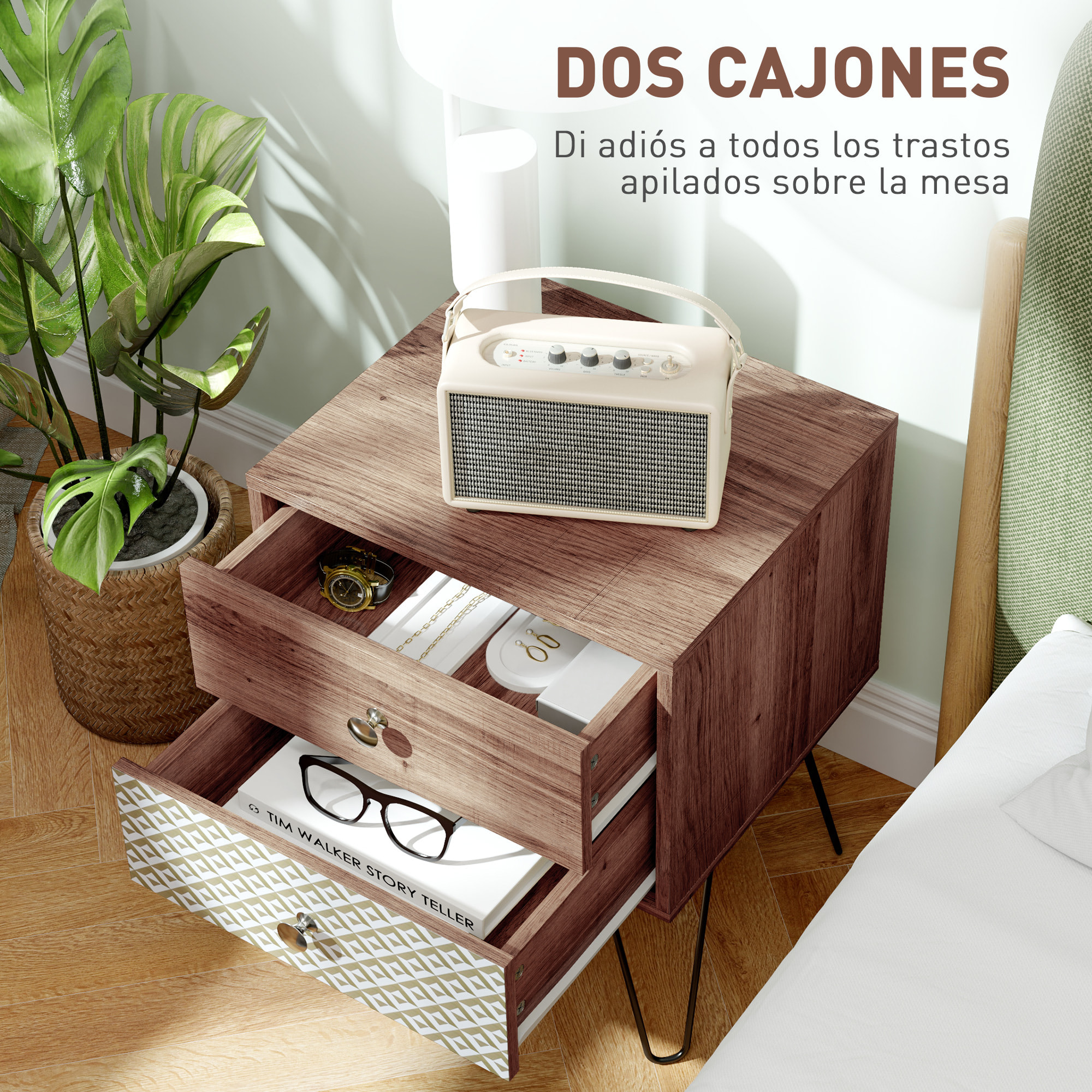 Mesita de Noche con 2 Cajones Mesilla de Noche con Patas de Acero Estilo Bohemio Mesa de Noche para Dormitorio Salón 45x39x55,5 cm Marrón