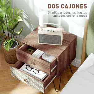 Mesita de Noche con 2 Cajones Mesilla de Noche con Patas de Acero Estilo Bohemio Mesa de Noche para Dormitorio Salón 45x39x55,5 cm Marrón