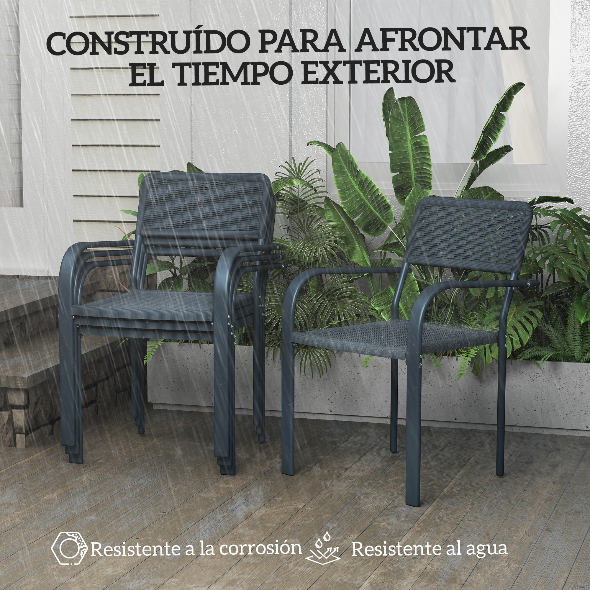 Juego de 4 Sillas de Jardín Exterior Apilables, Sillas de Comedor Exterior Efecto Ratán, con Reposabrazos, Marco de Acero, Resistente a la Intemperie y Ligero, 55x60x83 cm, Gris Oscuro