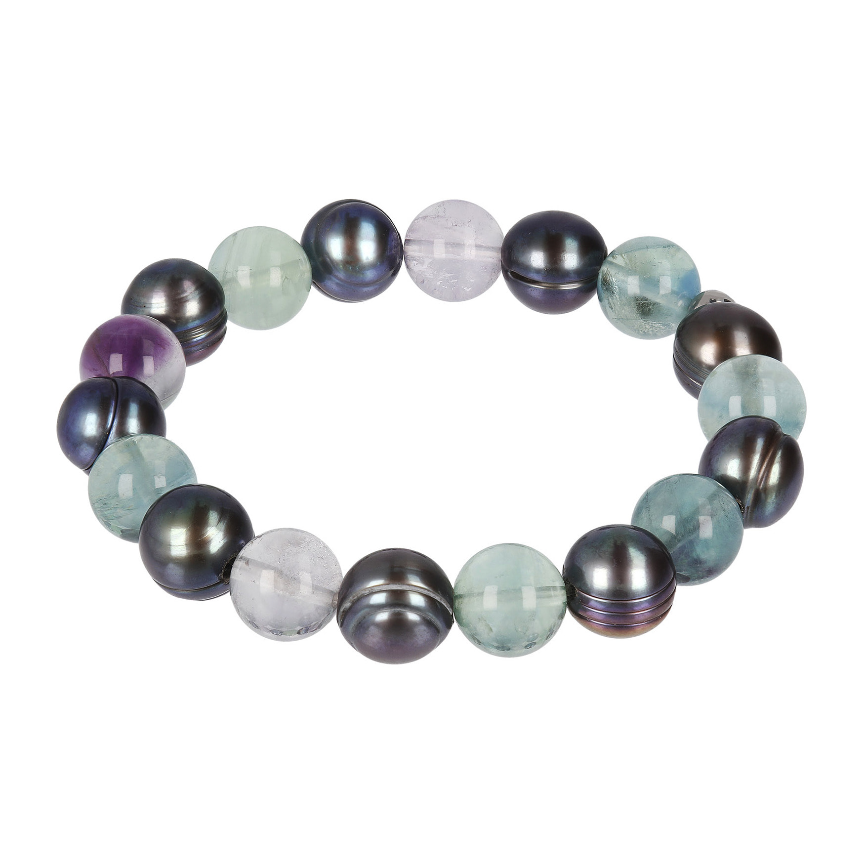 Bracciale Elastico con Fluorite e Perle d'Acqua Dolce Grigie Ø 9.5/10.5 mm