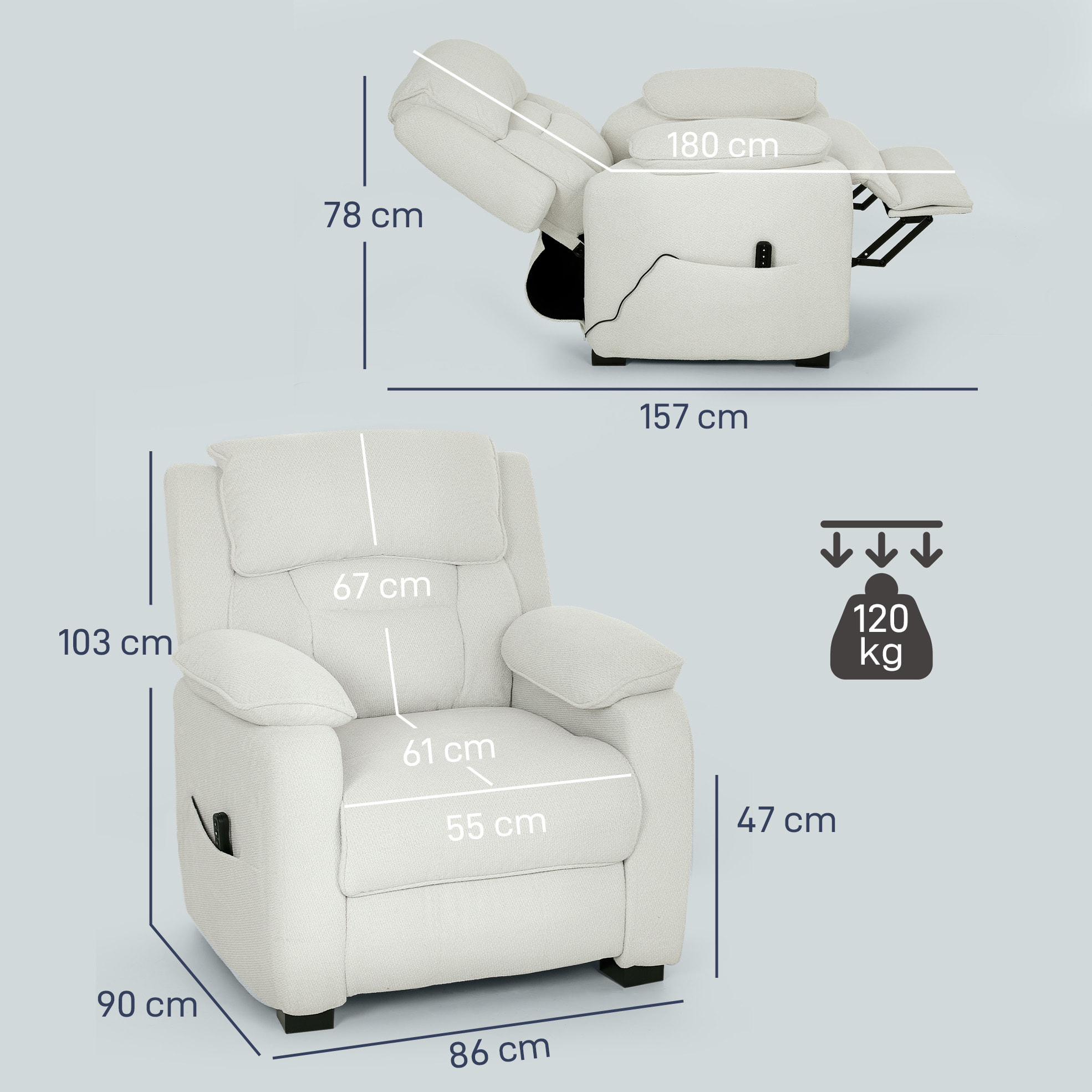 Sillón Relax Reclinable Eléctrico con Motor Silencioso, Sillón Reclinable de Terciopelo con Mando con 2 Posiciones de Memoria, Reposapiés, Reposacabezas, Puerto USB, Bolsillos, Blanco Crema