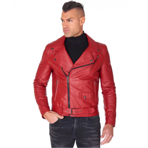 Chiodo biker in pelle rossa con cintura effetto liscio