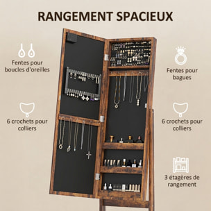 Armoire à bijoux sur pieds avec miroir multi-rangement éclairage LED effet bois vieilli