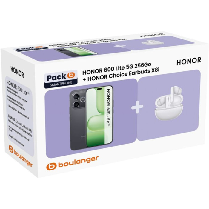 Smartphone HONOR Pack 600 Lite 5G 256Go Noir + Honor Choice Earbuds X8I
