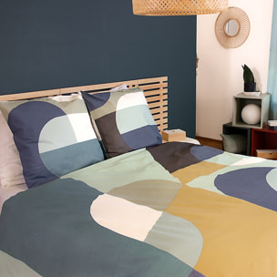 Parure housse de couette 100% coton motifcolor block - bleu et ocre