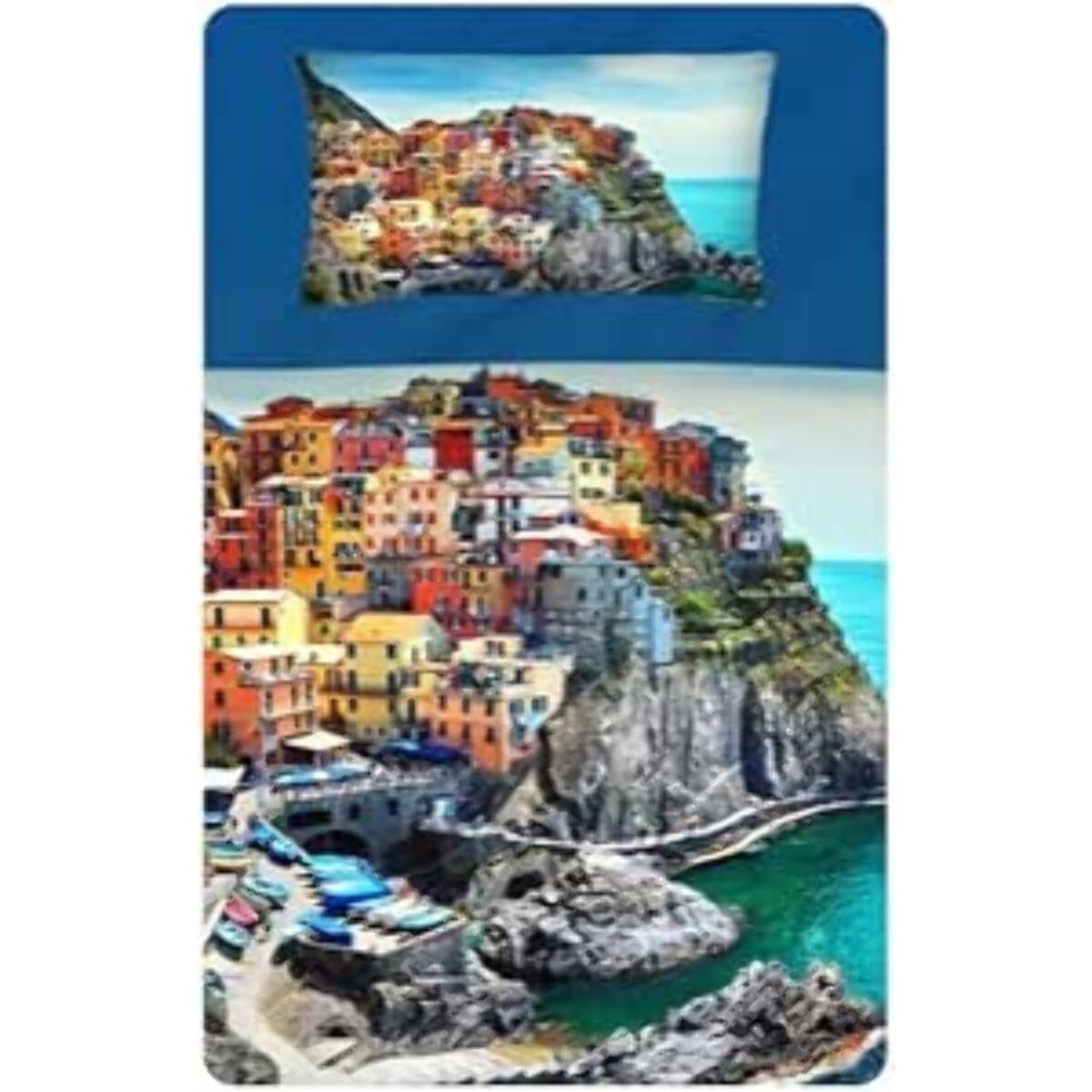 INTRECCI Set Lenzuola Una Piazza e Mezza in Cotone, Stampa Alta Qualità, Lenzuolo Sotto + Lenzuolo Sopra + 1 Federa, Comfort, per Pelli Sensibili, non Stringe in Lavatrice. Fantasia: Cinque Terre
