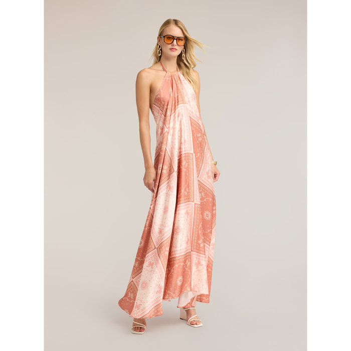 Motivi - Vestido largo acampanado de satén con estampado - Rosa