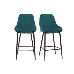 Tabourets de bar en tissu velours bleu pétrole et métal noir H65 cm (lot de 2) HOLO